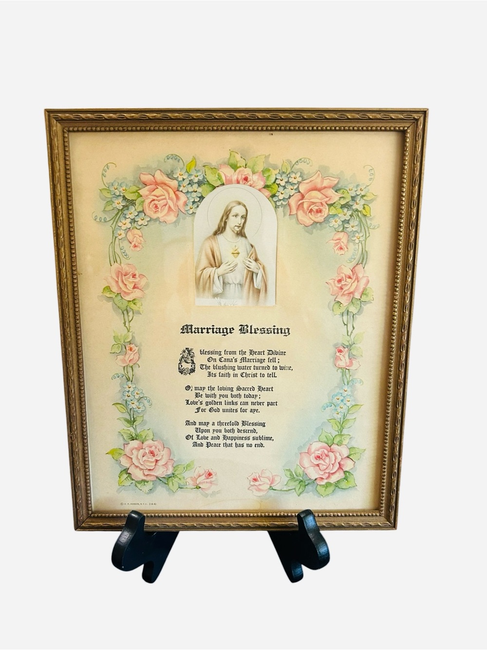 Beautiful Antique Marriage Blessing lithograph antique frame 11X9”